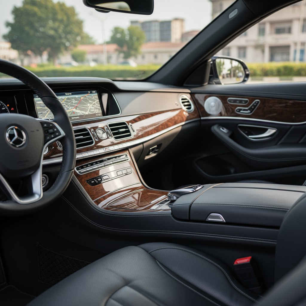 Image of a Mercedes-Benz car's interior, with a focus on the dashboard and steering wheel.