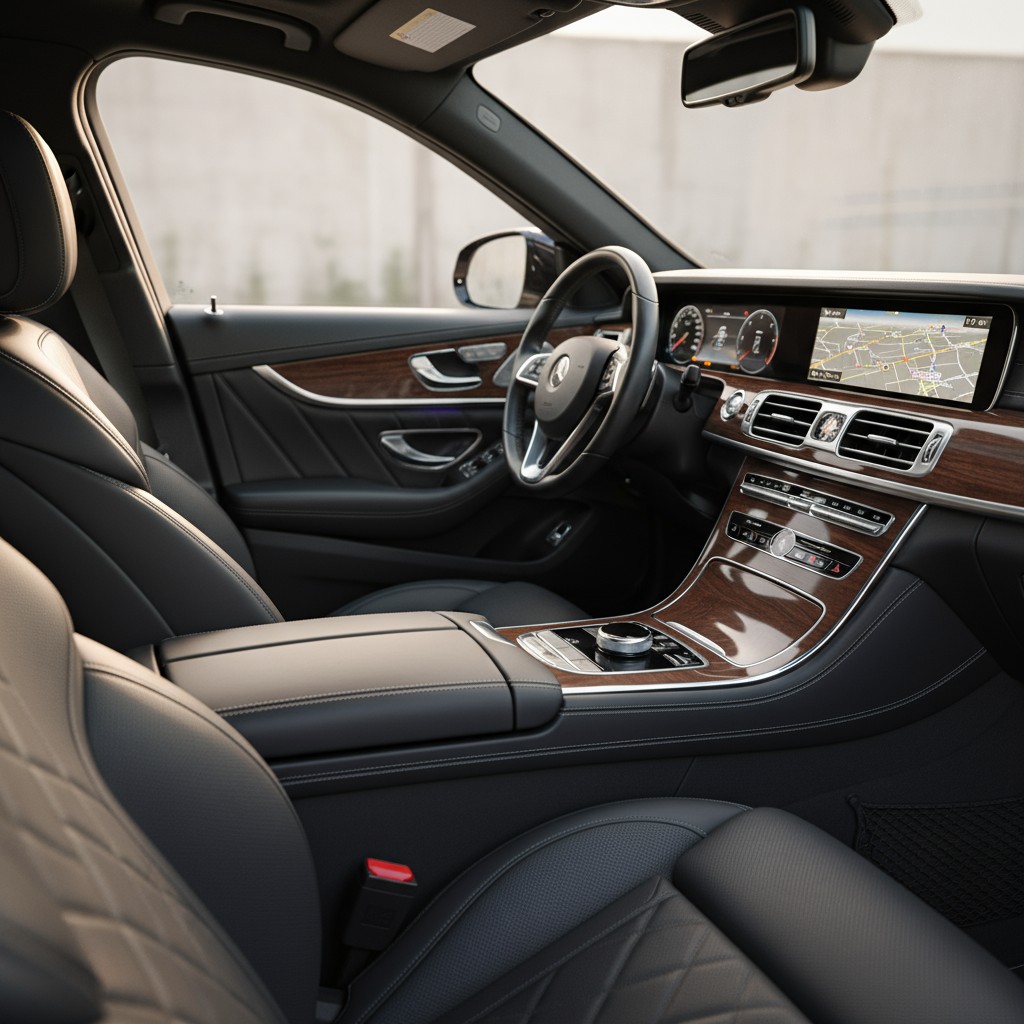 Pictogram of a shiny, modern car's black interior dashboard. The seats lie in the foreground, spanning the area between th...